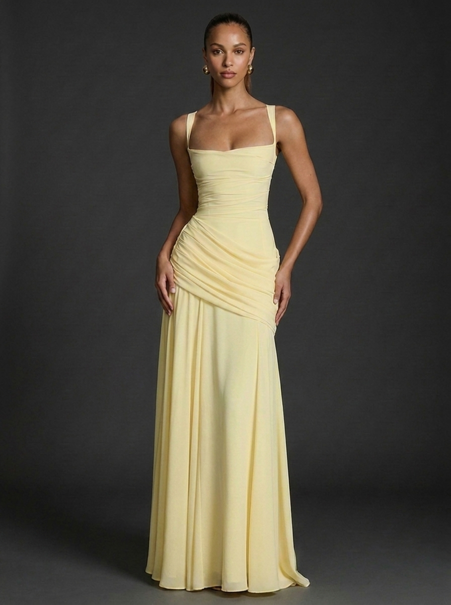 Zoe | Square Neck Sleeveless Ruched Maxi Dress | Elegant Wedding Guest Glam