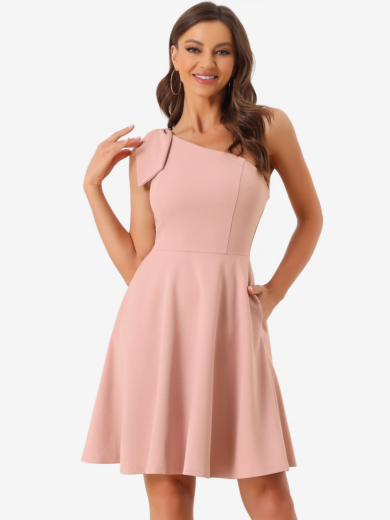 Ivy | One Shoulder Bow Midi Dress with Pockets | Elegant A-Line Occasion Wear