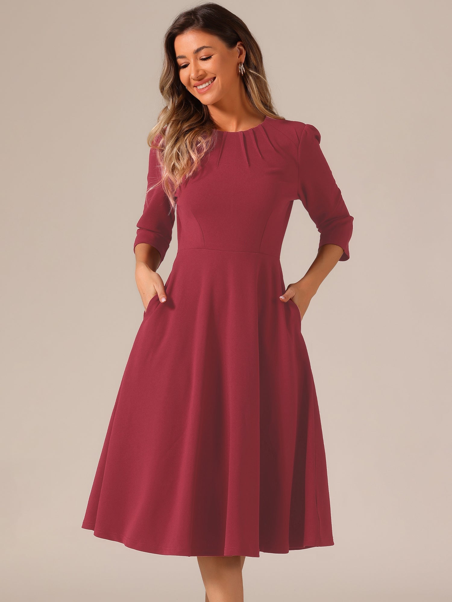 Imogen | 3/4 Sleeve Pleated Midi Swing Dress with Pockets | Elegant A-Line Everyday Style