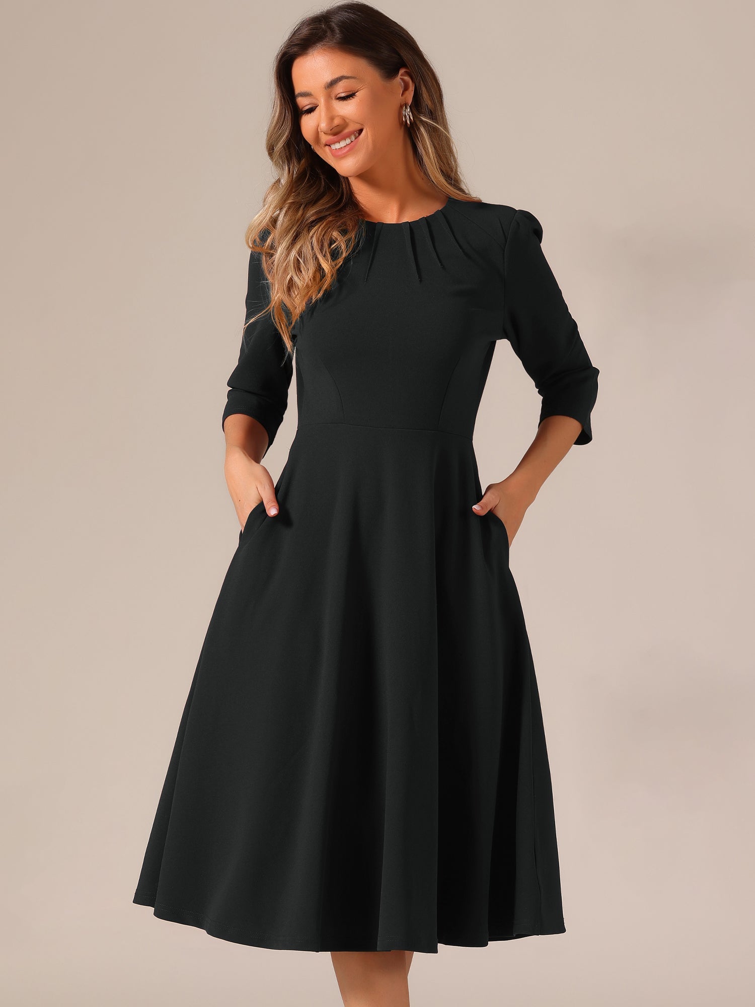 Imogen | 3/4 Sleeve Pleated Midi Swing Dress with Pockets | Elegant A-Line Everyday Style