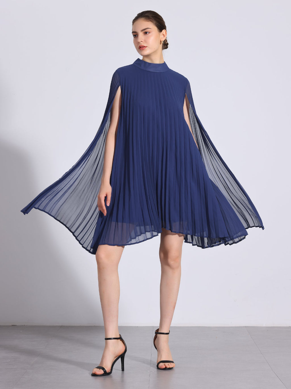 Zoe | Flowy Cape Sleeve Pleated Chiffon Mini Dress | Elegant Movement and Effortless Glam