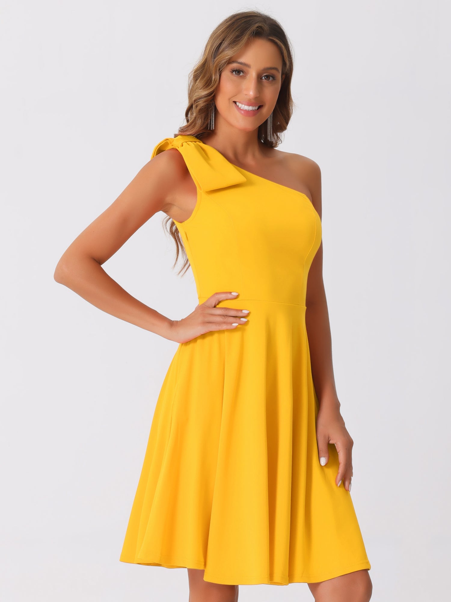 Ivy | One Shoulder Bow Midi Dress with Pockets | Elegant A-Line Occasion Wear