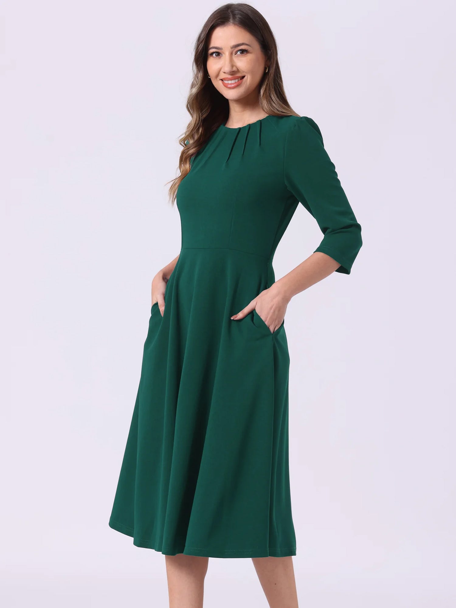 Imogen | 3/4 Sleeve Pleated Midi Swing Dress with Pockets | Elegant A-Line Everyday Style