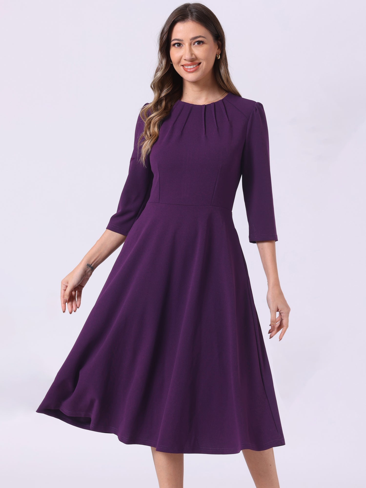 Imogen | 3/4 Sleeve Pleated Midi Swing Dress with Pockets | Elegant A-Line Everyday Style