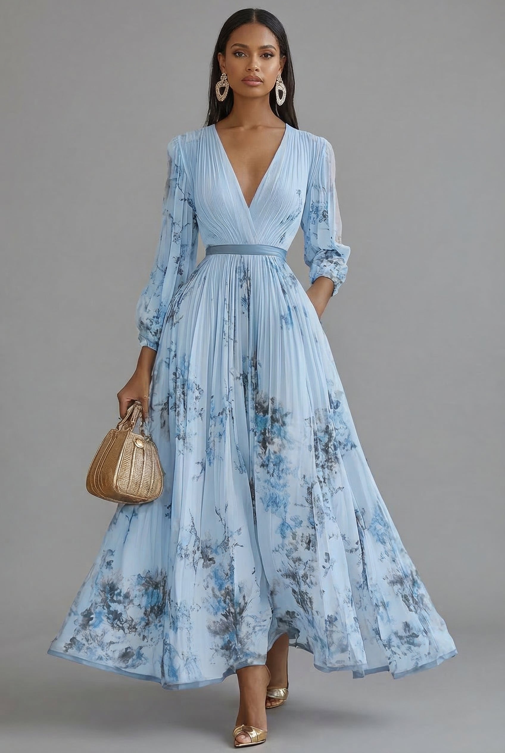 Zoe | Floral V-Neck Long Sleeve Maxi Dress | Elegant Flowing Silhouette