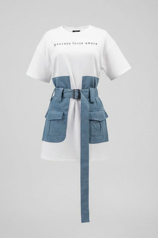 Caitlin | White Denim Mini Dress | Belted T-Shirt Dress with Utility Pockets