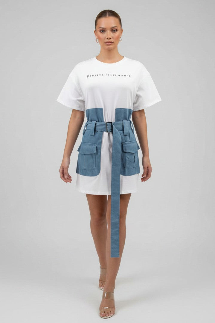 Caitlin | White Denim Mini Dress | Belted T-Shirt Dress with Utility Pockets