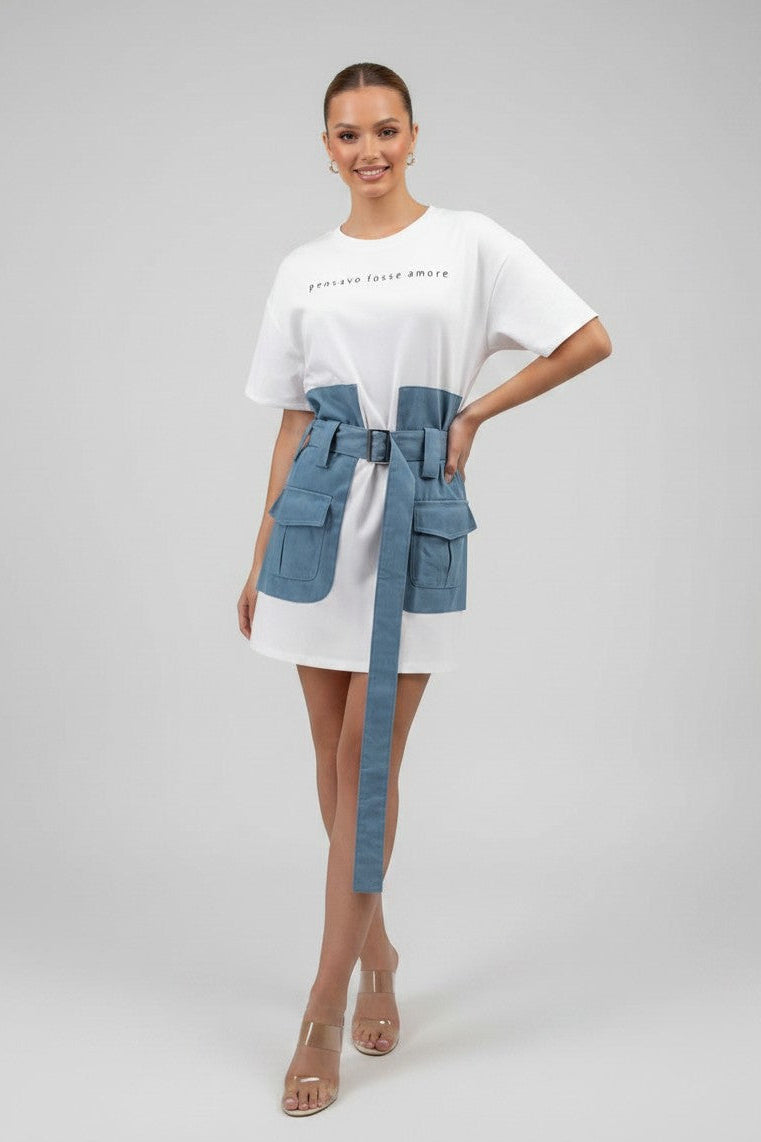 Caitlin | White Denim Mini Dress | Belted T-Shirt Dress with Utility Pockets