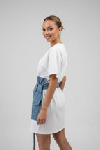 Caitlin | White Denim Mini Dress | Belted T-Shirt Dress with Utility Pockets