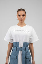 Caitlin | White Denim Mini Dress | Belted T-Shirt Dress with Utility Pockets