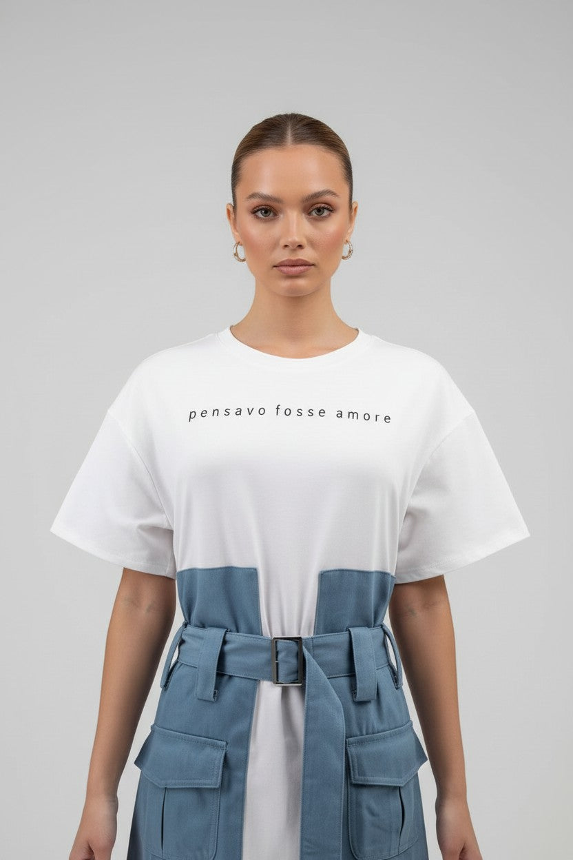 Caitlin | White Denim Mini Dress | Belted T-Shirt Dress with Utility Pockets