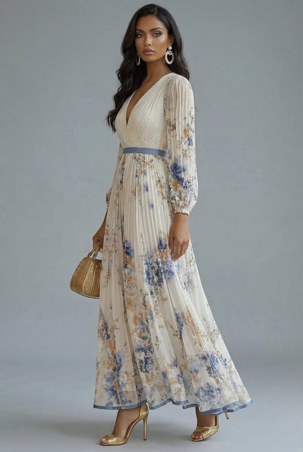 Zoe | Floral V-Neck Long Sleeve Maxi Dress | Elegant Flowing Silhouette