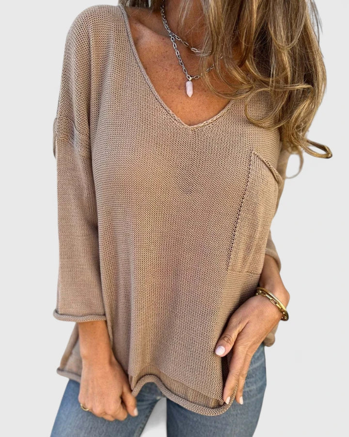 Marlowe | Women's V-Neck Knit Sweater, Relaxed Soft Knit Pocket Pullover for Casual Everyday Wear