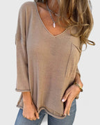 Marlowe | Women's V-Neck Knit Sweater, Relaxed Soft Knit Pocket Pullover for Casual Everyday Wear