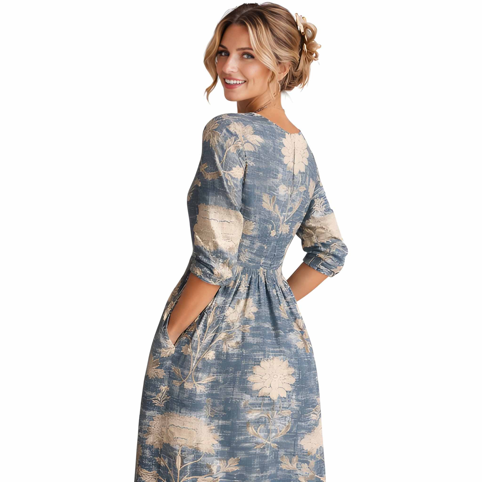 Mona | Floral Midi Dress | Elegant V-Neck Long Sleeve Silhouette