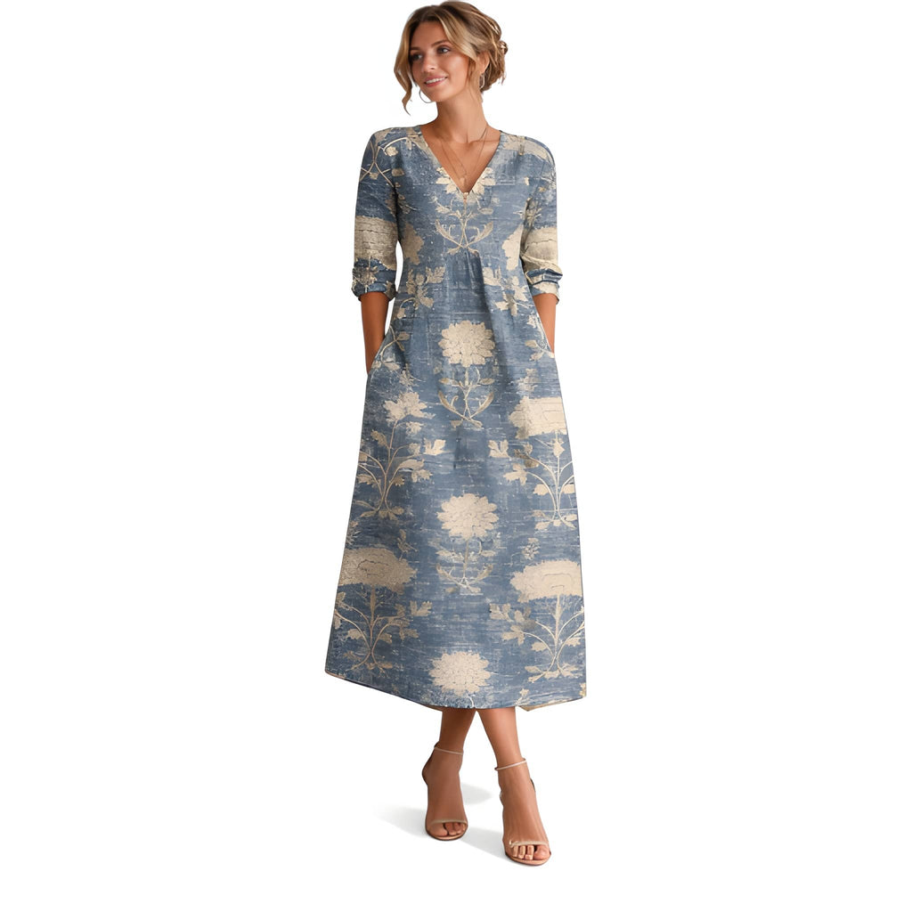 Mona | Floral Midi Dress | Elegant V-Neck Long Sleeve Silhouette