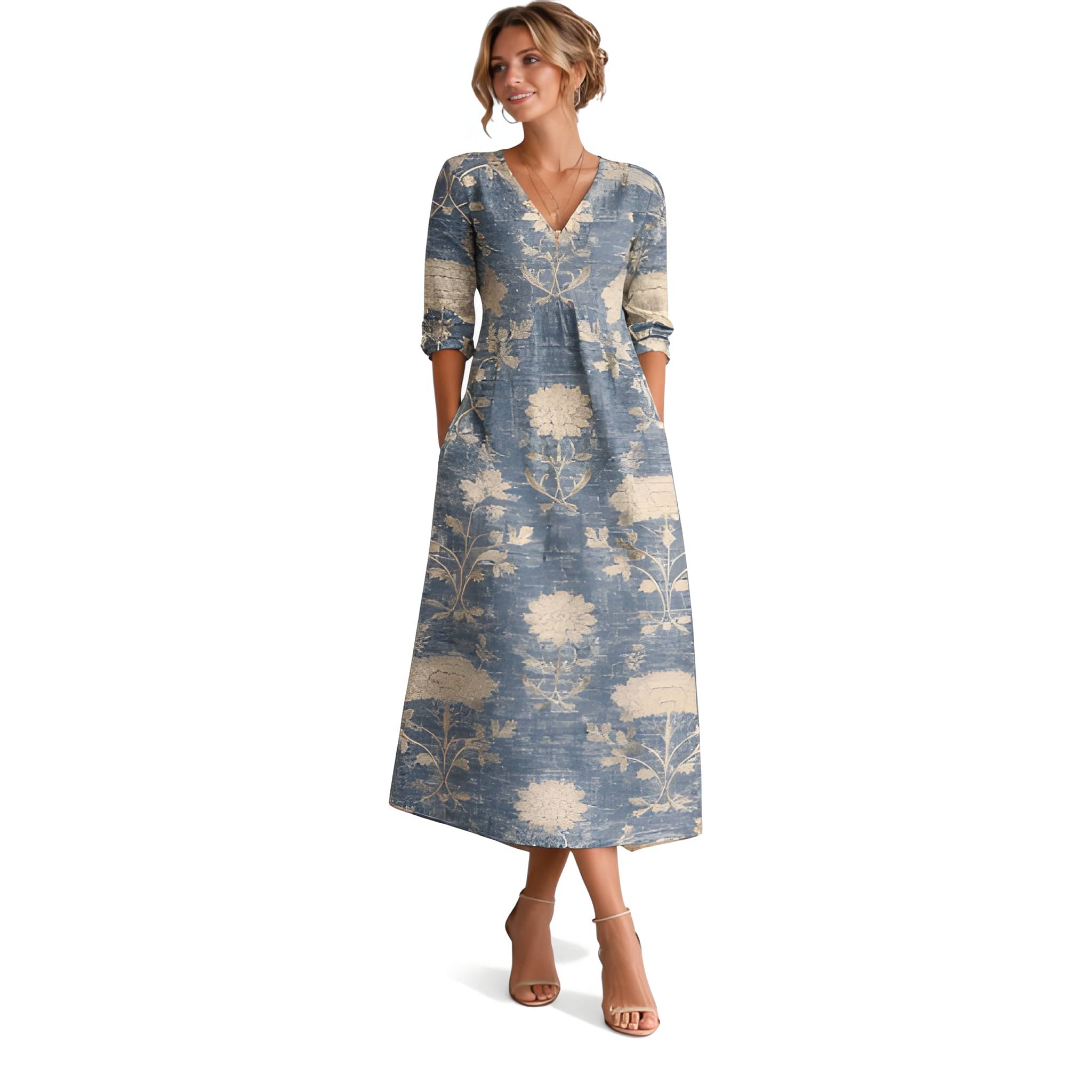Mona | Floral Midi Dress | Elegant V-Neck Long Sleeve Silhouette