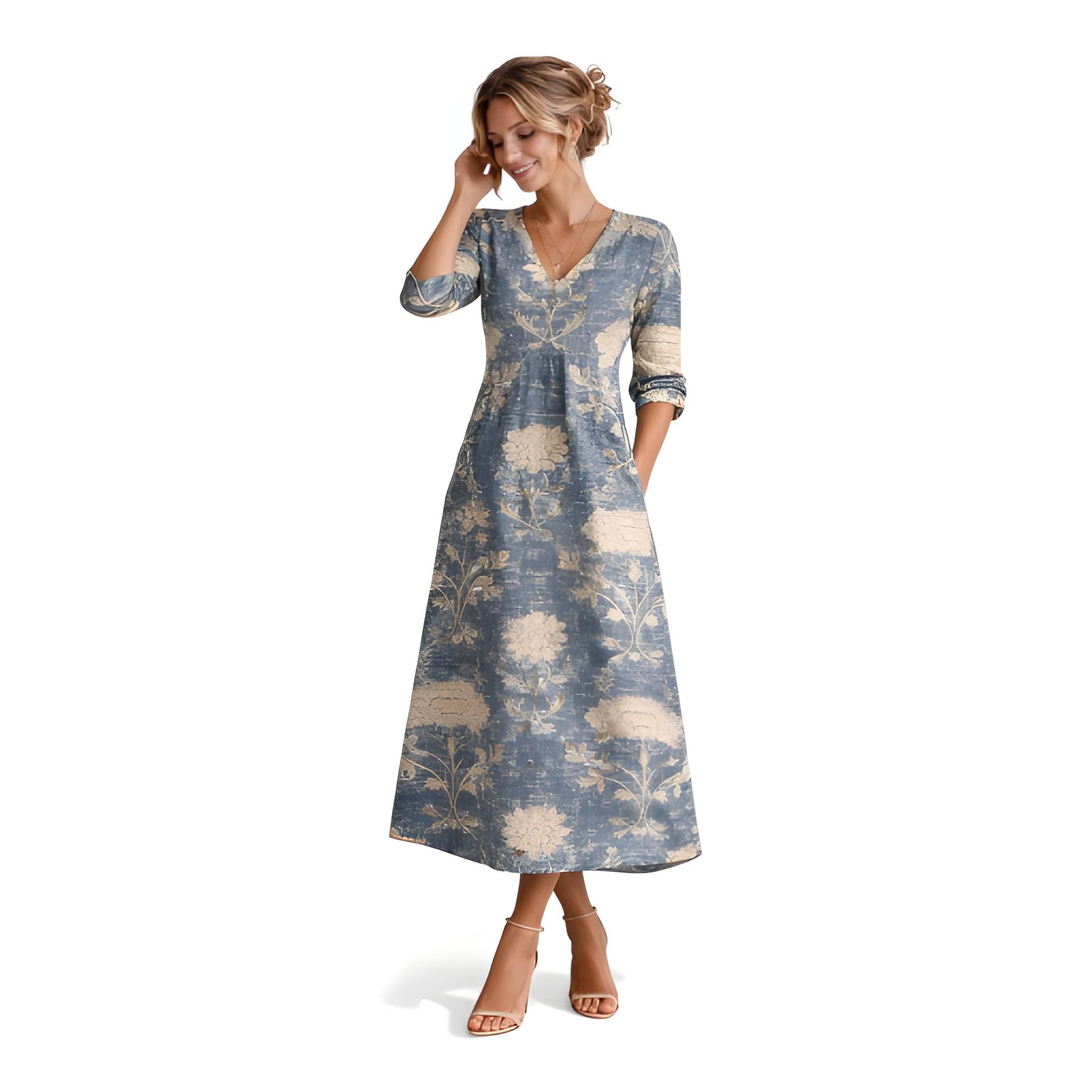 Mona | Floral Midi Dress | Elegant V-Neck Long Sleeve Silhouette