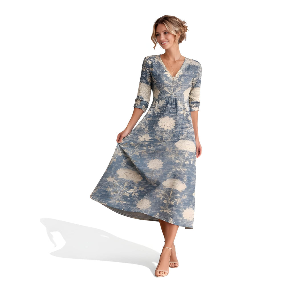 Mona | Floral Midi Dress | Elegant V-Neck Long Sleeve Silhouette