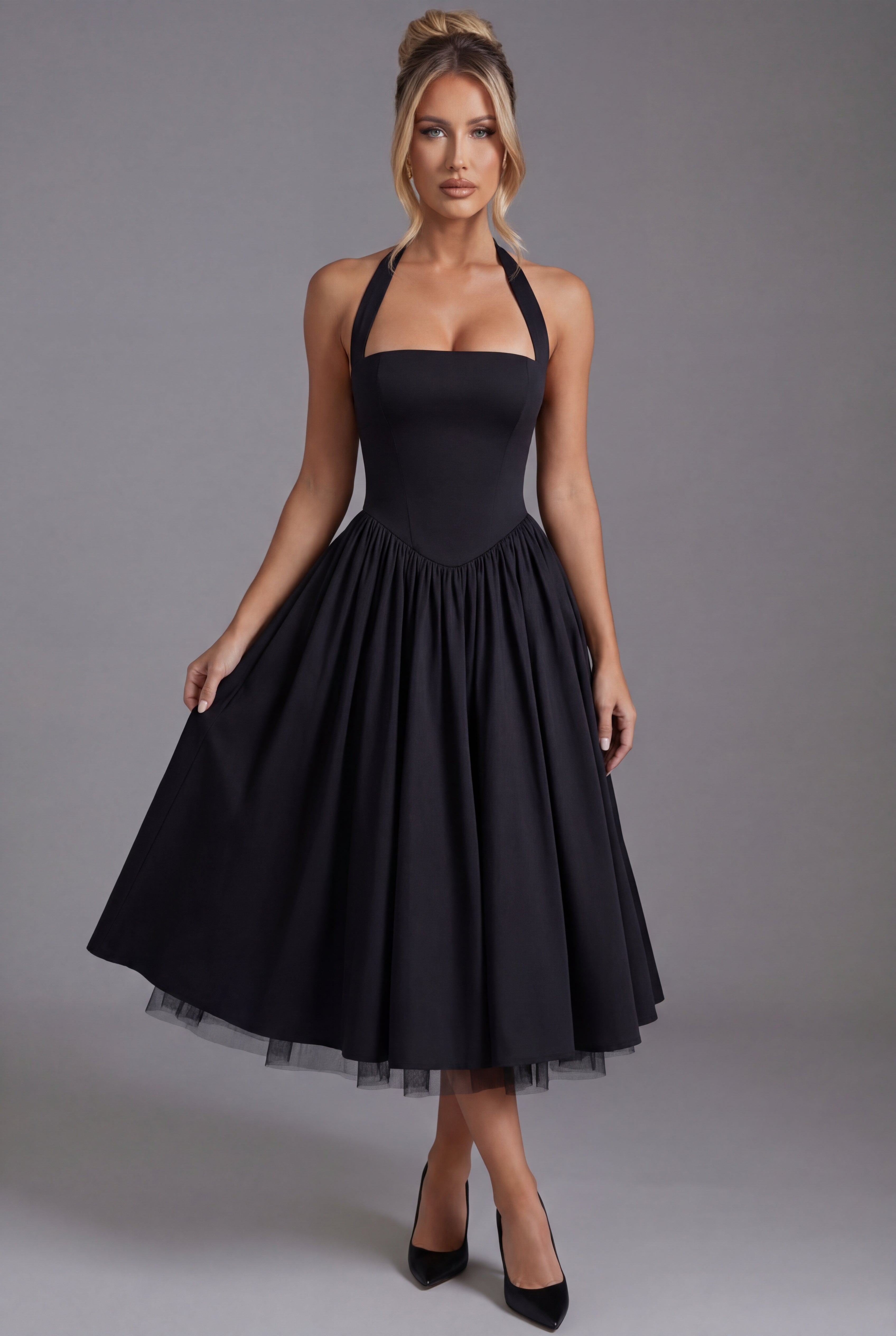 Riley | Elegant Ascot Halter A-Line Midi Dress | Timeless Feminine Silhouette