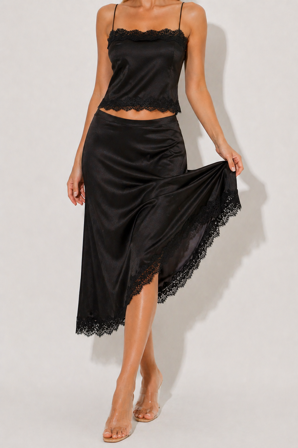 Aisling | Black Satin Lace Co-Ord Set | Elegant Cami Top & Midi Skirt Ensemble