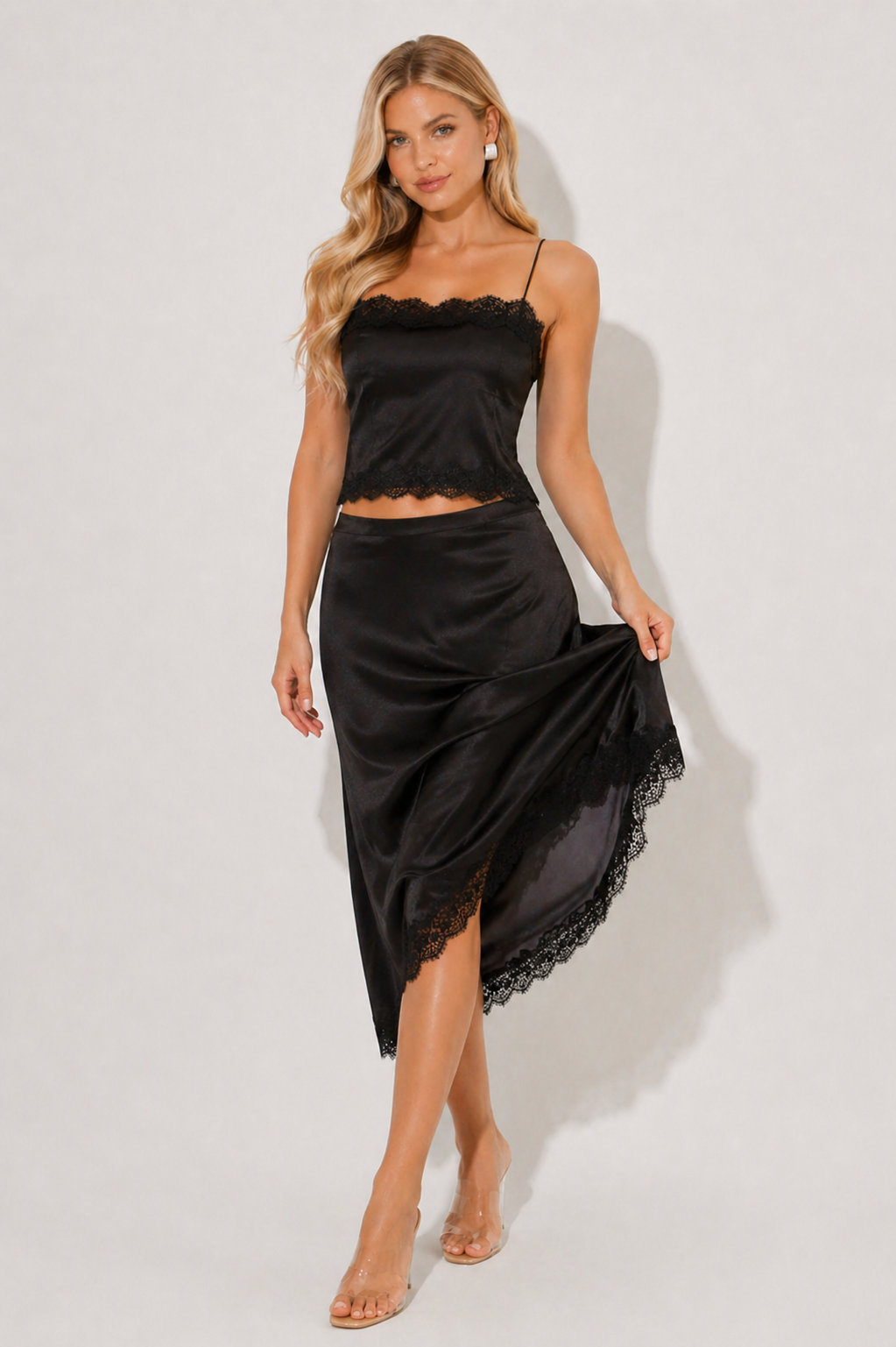 Aisling | Black Satin Lace Co-Ord Set | Elegant Cami Top & Midi Skirt Ensemble