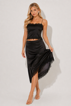 Aisling | Black Satin Lace Co-Ord Set | Elegant Cami Top & Midi Skirt Ensemble
