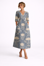 Mona | Floral Midi Dress | Elegant V-Neck Long Sleeve Silhouette