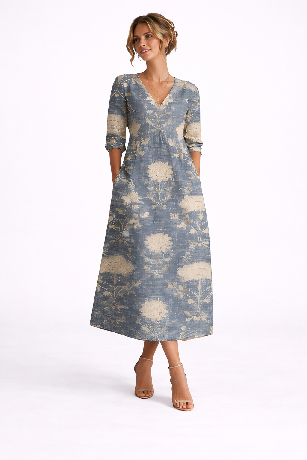 Mona | Floral Midi Dress | Elegant V-Neck Long Sleeve Silhouette