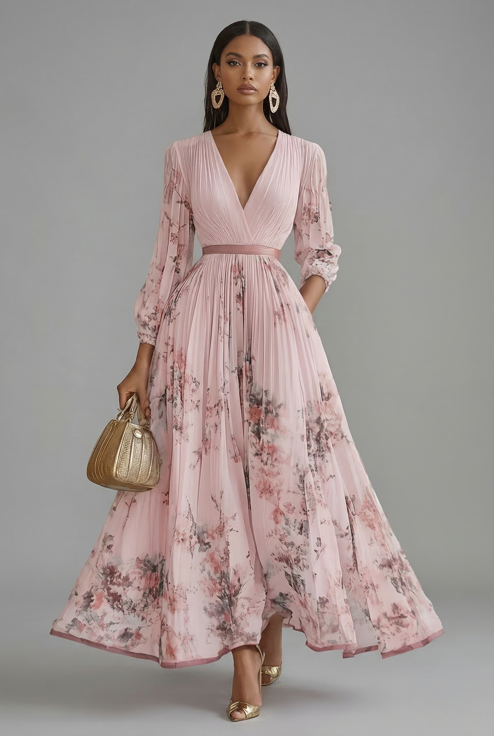 Zoe | Floral V-Neck Long Sleeve Maxi Dress | Elegant Flowing Silhouette