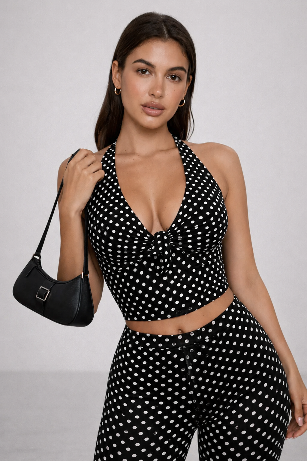July | Polka Dot Halter Top & Capri Trouser Set | Chic Black and White Two-Piece Outfit