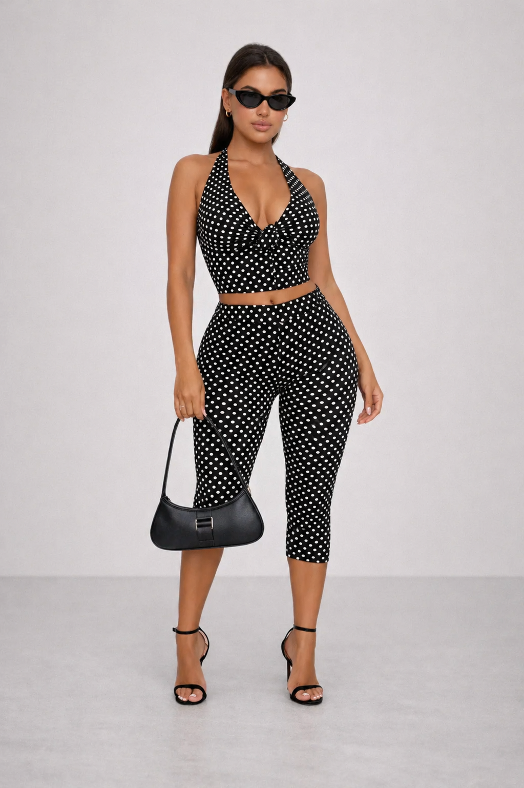 July | Polka Dot Halter Top & Capri Trouser Set | Chic Black and White Two-Piece Outfit