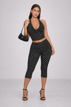 July | Polka Dot Halter Top & Capri Trouser Set | Chic Black and White Two-Piece Outfit