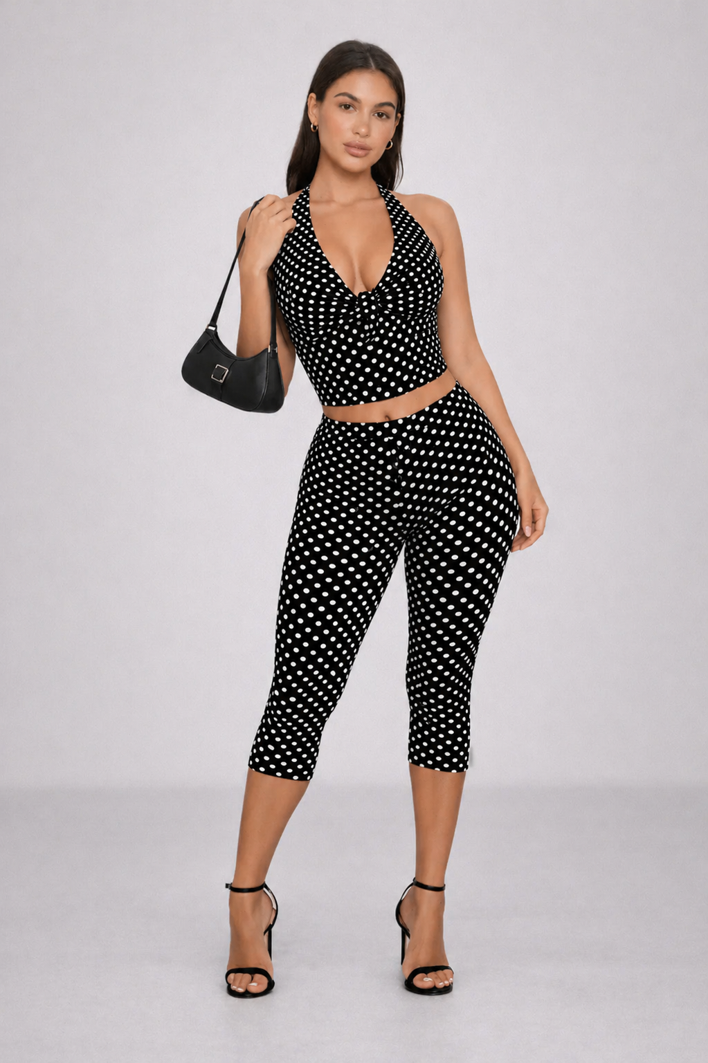 July | Polka Dot Halter Top & Capri Trouser Set | Chic Black and White Two-Piece Outfit