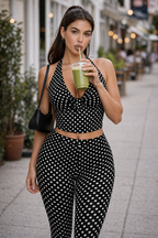 July | Polka Dot Halter Top & Capri Trouser Set | Chic Black and White Two-Piece Outfit