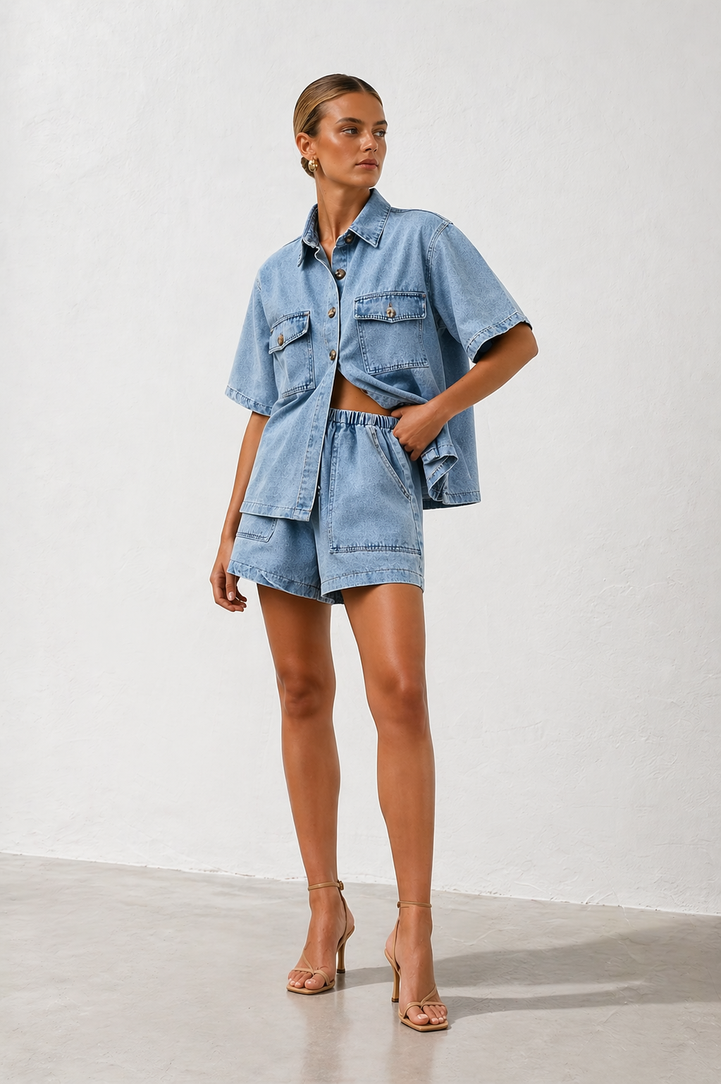 Fiona | Denim Two-Piece Set | Shirt & High-Waist Shorts