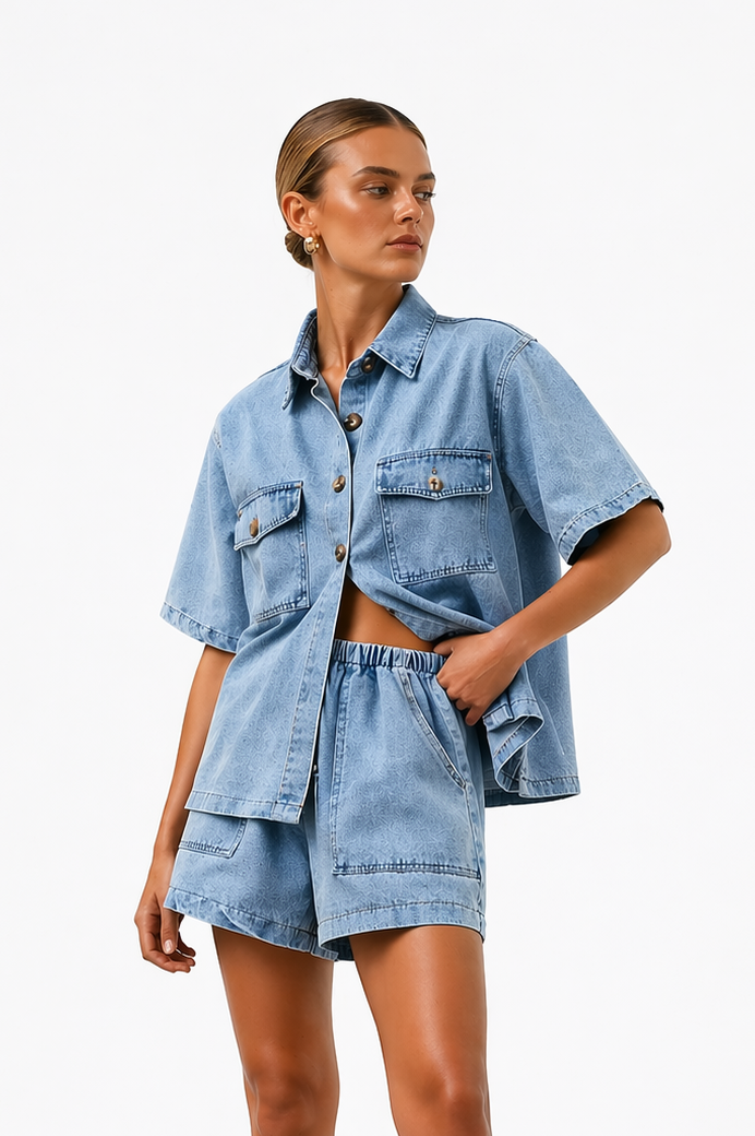 Fiona | Denim Two-Piece Set | Shirt & High-Waist Shorts