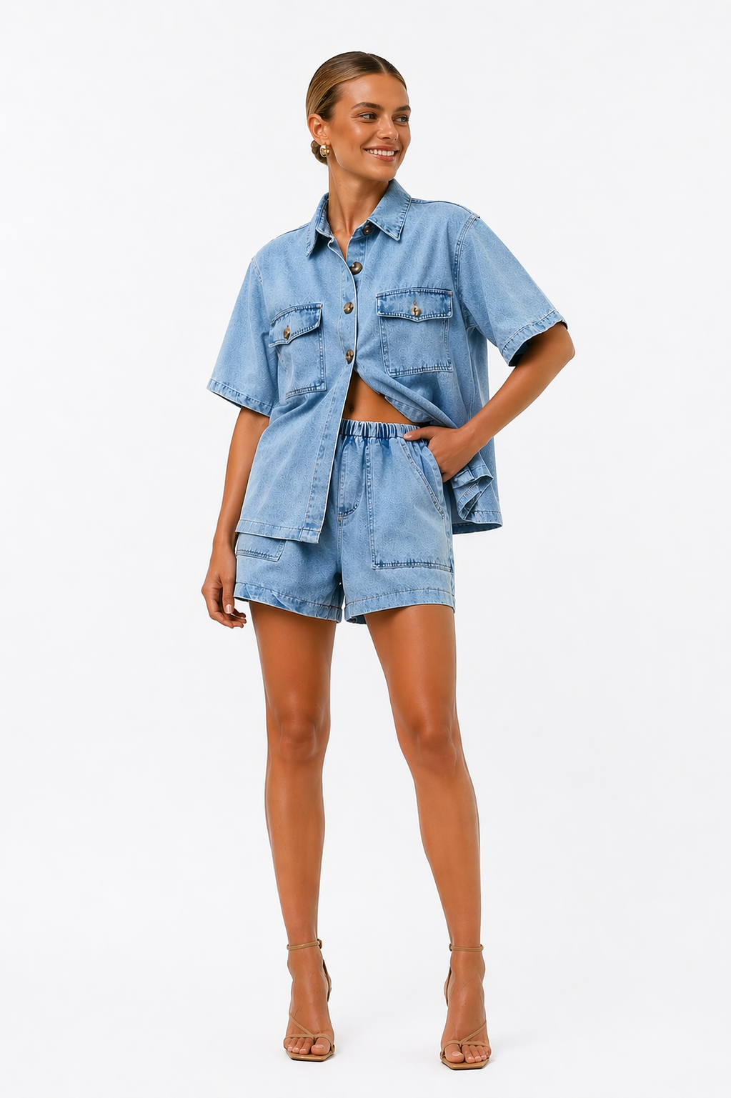 Fiona | Denim Two-Piece Set | Shirt & High-Waist Shorts