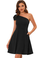 Ivy | One Shoulder Bow Midi Dress with Pockets | Elegant A-Line Occasion Wear