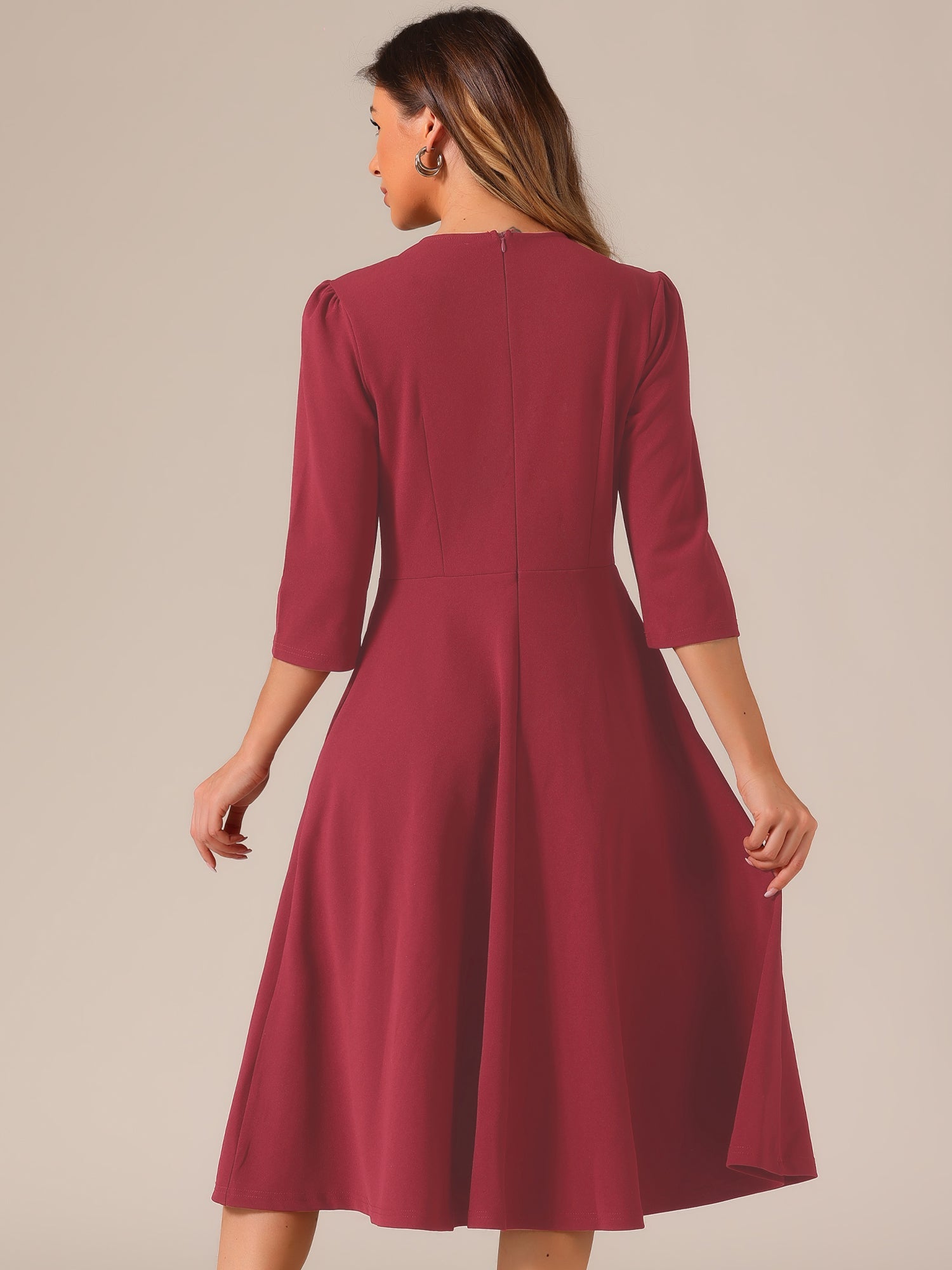 Imogen | 3/4 Sleeve Pleated Midi Swing Dress with Pockets | Elegant A-Line Everyday Style