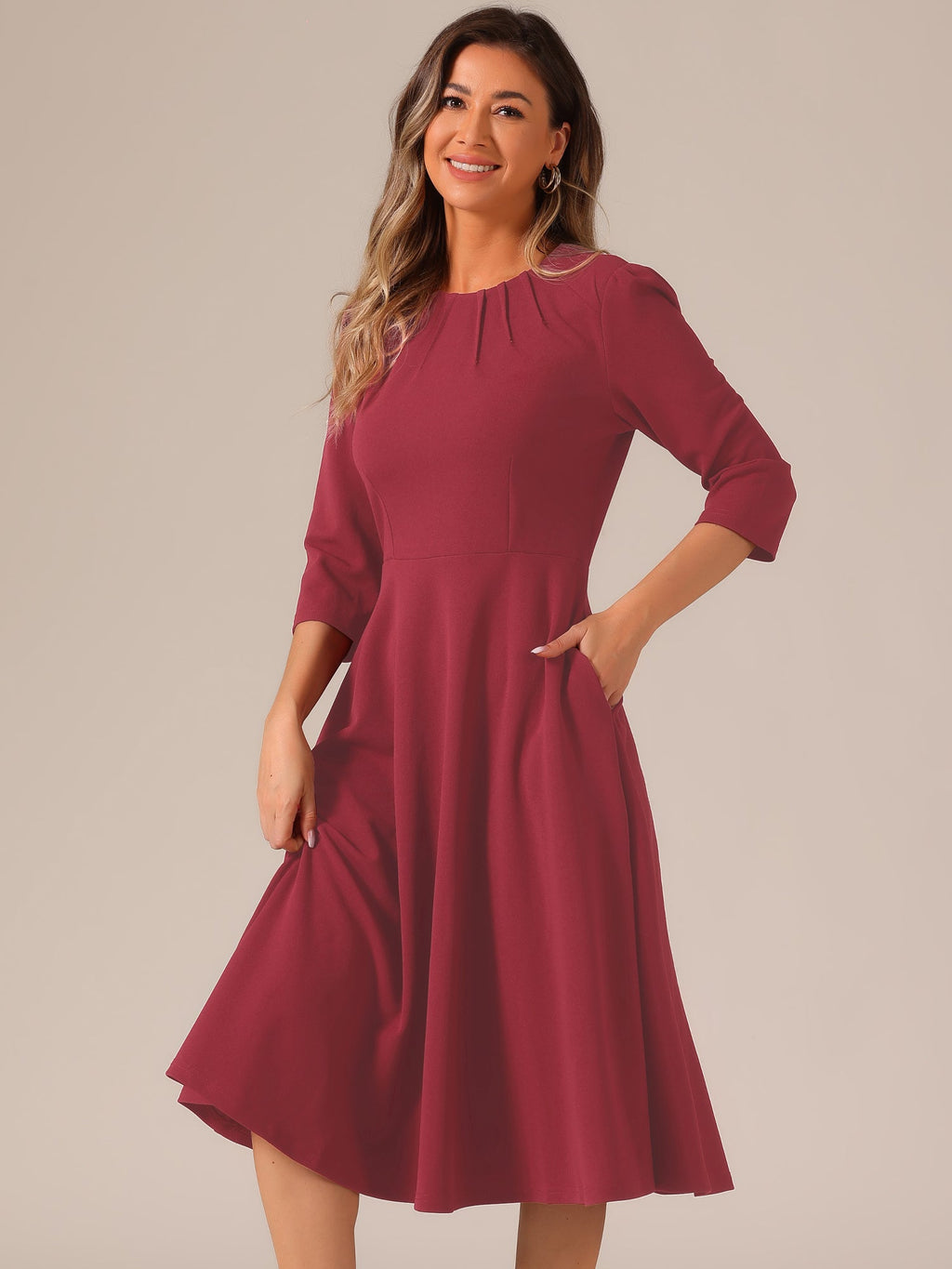 Imogen | 3/4 Sleeve Pleated Midi Swing Dress with Pockets | Elegant A-Line Everyday Style