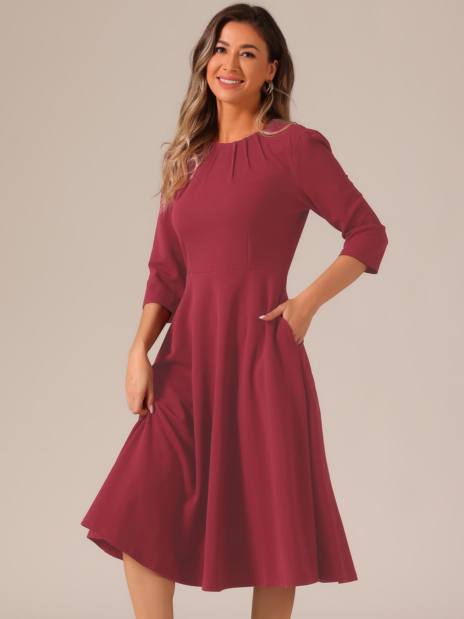 Imogen | 3/4 Sleeve Pleated Midi Swing Dress with Pockets | Elegant A-Line Everyday Style