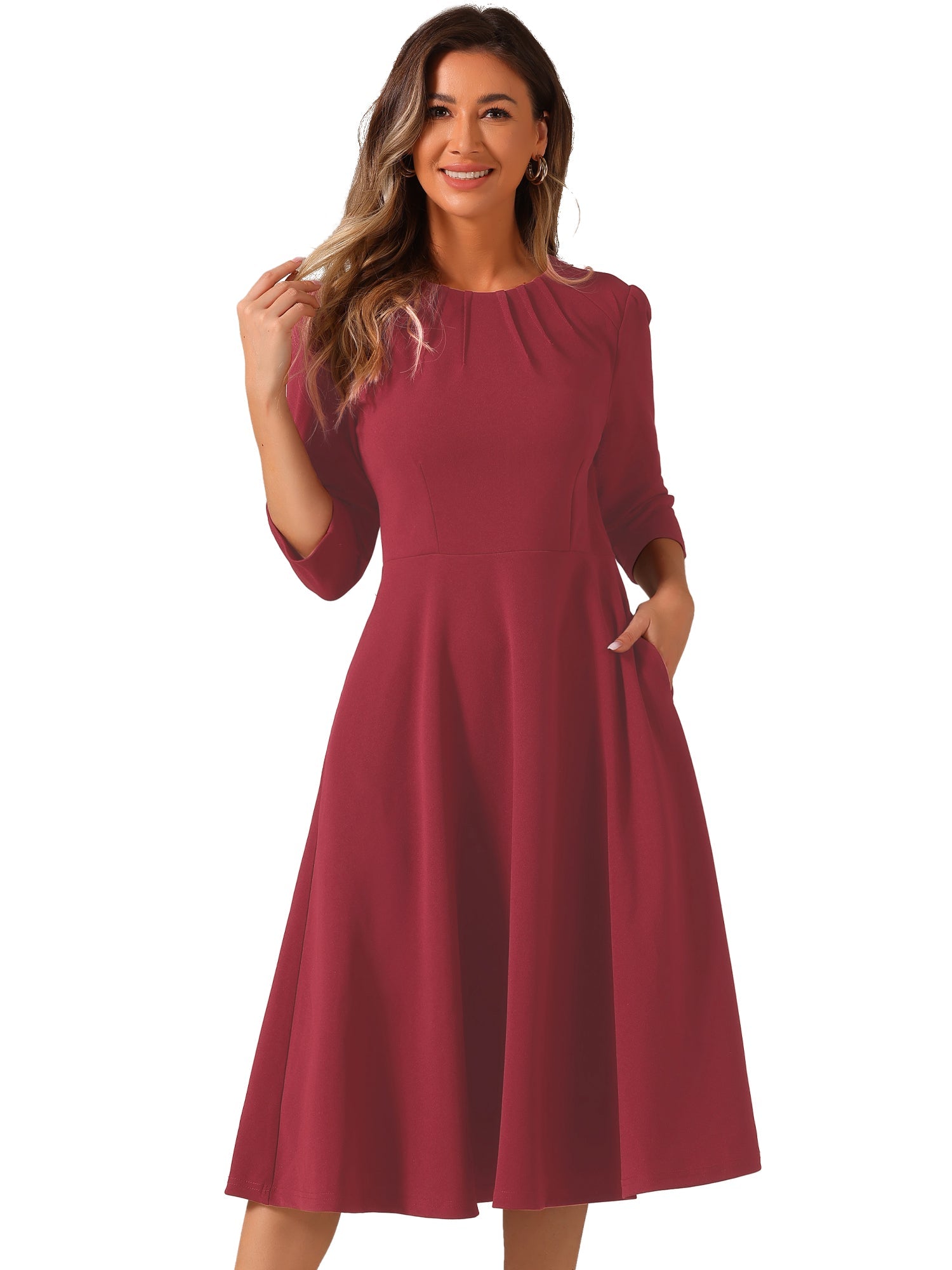 Imogen | 3/4 Sleeve Pleated Midi Swing Dress with Pockets | Elegant A-Line Everyday Style