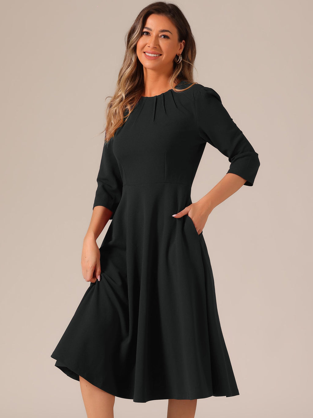 Imogen | 3/4 Sleeve Pleated Midi Swing Dress with Pockets | Elegant A-Line Everyday Style