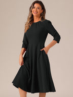 Imogen | 3/4 Sleeve Pleated Midi Swing Dress with Pockets | Elegant A-Line Everyday Style