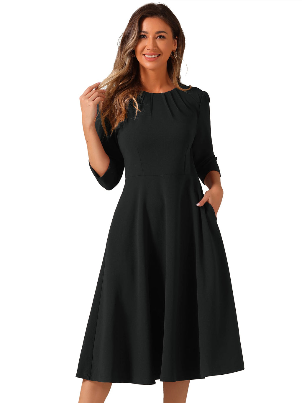 Imogen | 3/4 Sleeve Pleated Midi Swing Dress with Pockets | Elegant A-Line Everyday Style