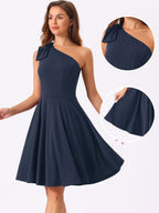 Ivy | One Shoulder Bow Midi Dress with Pockets | Elegant A-Line Occasion Wear