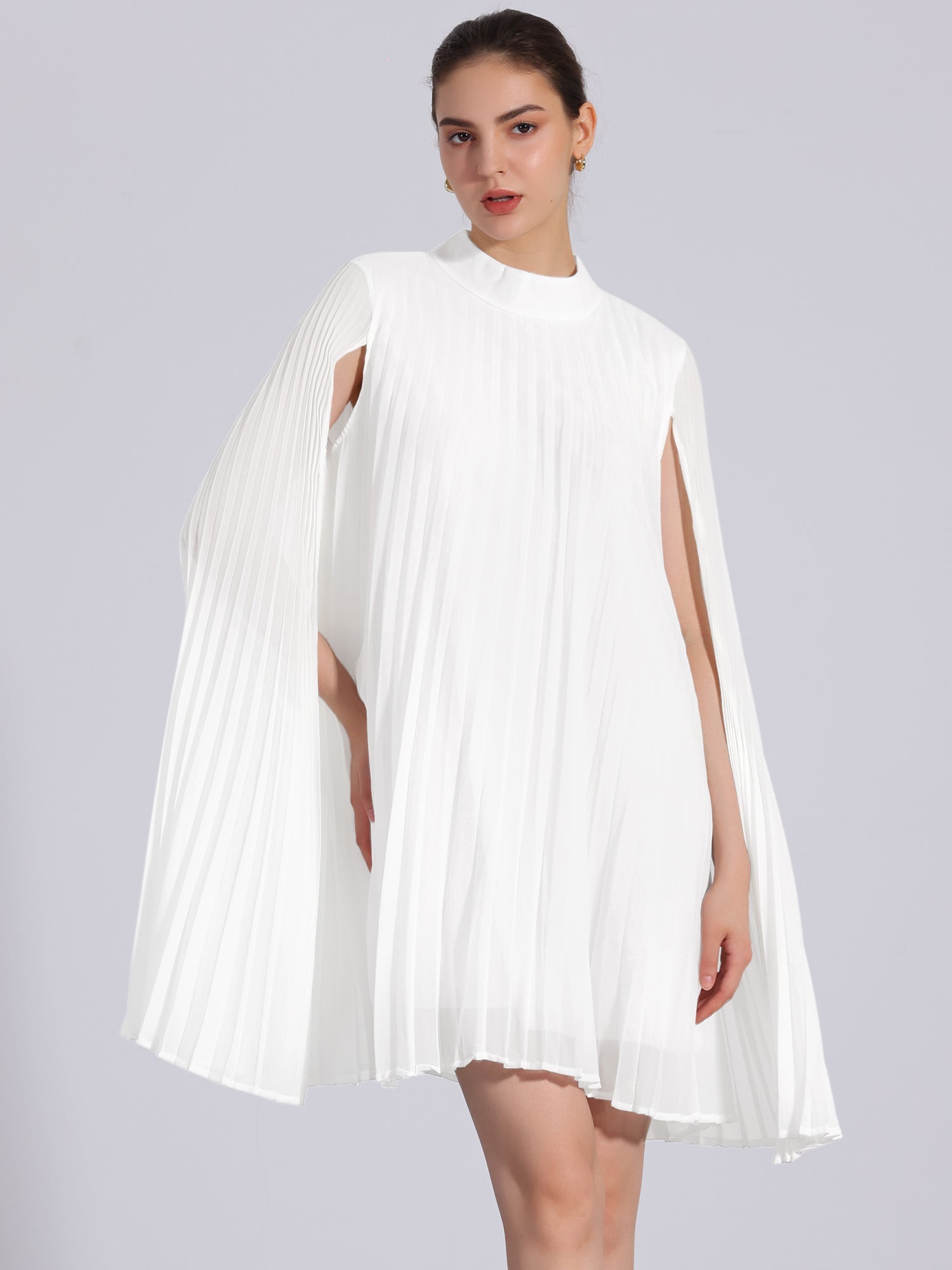 Zoe | Flowy Cape Sleeve Pleated Chiffon Mini Dress | Elegant Movement and Effortless Glam