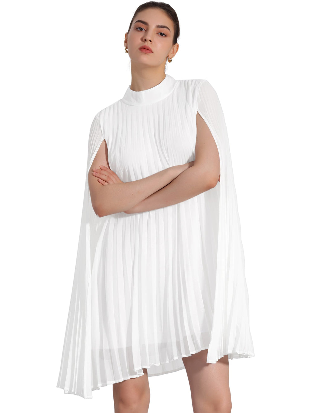 Zoe | Flowy Cape Sleeve Pleated Chiffon Mini Dress | Elegant Movement and Effortless Glam
