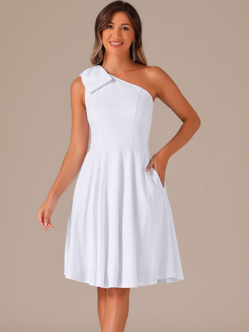 Ivy | One Shoulder Bow Midi Dress with Pockets | Elegant A-Line Occasion Wear
